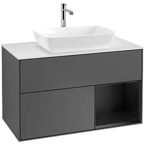 Villeroy und Boch Finion Waschtischunterschrank F781PDGK 100cm, Abdeckplatte white matt, Regale Black matt lacquer, Anthracite matt