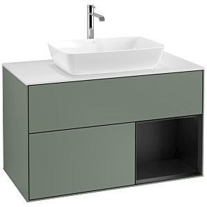 Villeroy und Boch Finion Waschtischunterschrank F781PDGM 100cm, Abdeckplatte white matt, Regale Black matt lacquer, Olive Matt Lacquer