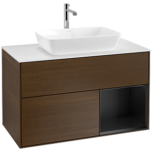 Villeroy und Boch Finion Waschtischunterschrank F781PDGN 100cm, Abdeckplatte white matt, Regale Black matt lacquer, Walnut veneer