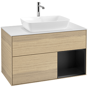 Villeroy und Boch Finion Waschtischunterschrank F781PDPC 100cm, Abdeckplatte white matt, Regale Black matt lacquer, Oak Veneer