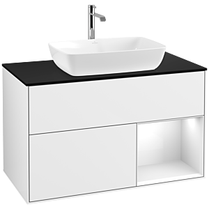 Villeroy et Boch Finion Villeroy et Boch F782GFGF 100cm, plaque de recouvrement noir mat, étagères Laque blanche brillante, Laque blanche brillante