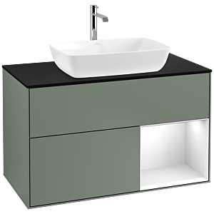 Villeroy und Boch Finion Waschtischunterschrank F782GFGM 100cm, Abdeckplatte black matt, Regale Glossy white lacquer, Olive Matt Lacquer