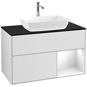Villeroy und Boch Finion Waschtischunterschrank F782GFMT 100cm, Abdeckplatte black matt, Regale Glossy white lacquer, White matt lacquer