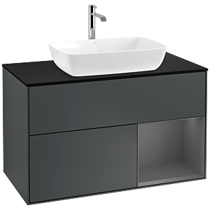 Villeroy und Boch Finion Waschtischunterschrank F782GKHG 100cm, Abdeckplatte black matt, Regale Anthracite matt lacquer, Midnight Blue Matt Lacquer