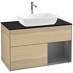 Villeroy und Boch Finion Waschtischunterschrank F782GKPC 100cm, Abdeckplatte black matt, Regale Anthracite matt lacquer, Oak Veneer