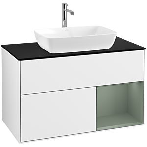 Villeroy und Boch Finion Waschtischunterschrank F782GMGF 100cm, Abdeckplatte black matt, Regale Olive matt lacquer, Glossy white lacquer