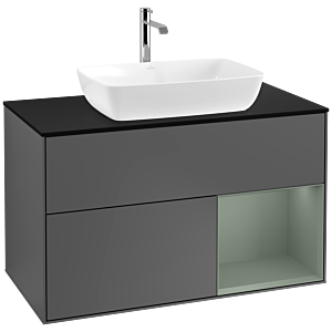 Villeroy und Boch Finion Waschtischunterschrank F782GMGK 100cm, Abdeckplatte black matt, Regale Olive matt lacquer, Anthracite matt