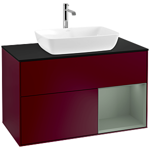Villeroy und Boch Finion Waschtischunterschrank F782GMHB 100cm, Abdeckplatte black matt, Regale Olive matt lacquer, Peony Matt