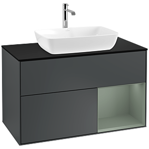 Villeroy und Boch Finion Waschtischunterschrank F782GMHG 100cm, Abdeckplatte black matt, Regale Olive matt lacquer, Midnight Blue Matt Lacquer