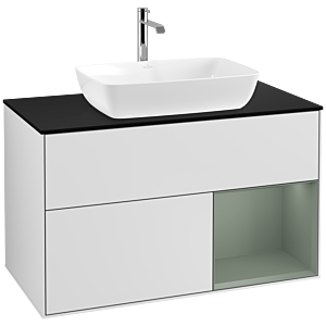 Villeroy und Boch Finion Waschtischunterschrank F782GMMT 100cm, Abdeckplatte black matt, Regale Olive matt lacquer, White matt lacquer