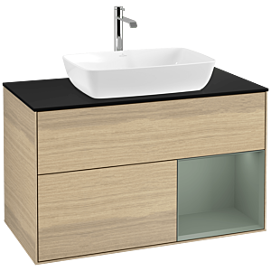 Villeroy und Boch Finion Waschtischunterschrank F782GMPC 100cm, Abdeckplatte black matt, Regale Olive matt lacquer, Oak Veneer