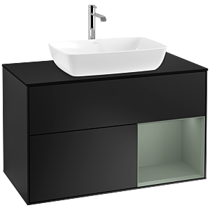 Villeroy und Boch Finion Waschtischunterschrank F782GMPD 100cm, Abdeckplatte black matt, Regale Olive matt lacquer, Black matt lacquer