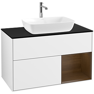 Villeroy et Boch Finion F782GNGF 100cm, plaque de recouvrement noir mat, étagères Walnut Veneer , laqué blanc brillant