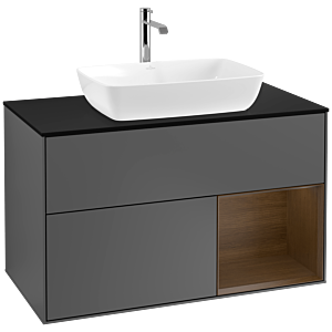 Villeroy und Boch Finion Waschtischunterschrank F782GNGK 100cm, Abdeckplatte black matt, Regale Walnut Veneer, Anthracite matt