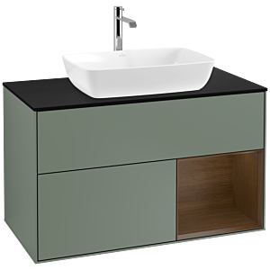 Villeroy und Boch Finion Waschtischunterschrank F782GNGM 100cm, Abdeckplatte black matt, Regale Walnut Veneer, Olive Matt Lacquer