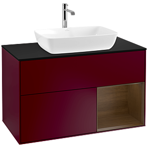 Villeroy und Boch Finion Waschtischunterschrank F782GNHB 100cm, Abdeckplatte black matt, Regale Walnut Veneer, Peony Matt