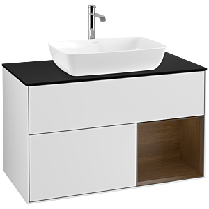 Villeroy und Boch Finion Waschtischunterschrank F782GNMT 100cm, Abdeckplatte black matt, Regale Walnut Veneer, White matt lacquer
