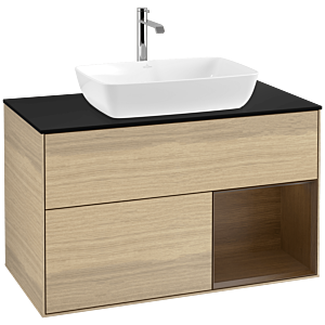 Villeroy und Boch Finion Waschtischunterschrank F782GNPC 100cm, Abdeckplatte black matt, Regale Walnut Veneer, Oak Veneer