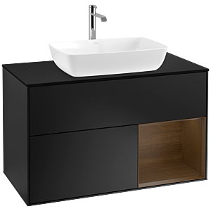 Villeroy und Boch Finion Waschtischunterschrank F782GNPD 100cm, Abdeckplatte black matt, Regale Walnut Veneer, Black matt lacquer