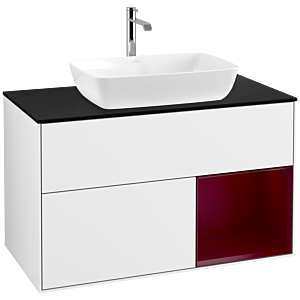 Villeroy et Boch Finion Villeroy et Boch F782HBGF 100cm, plaque de recouvrement noir mat, étagères Peony laqué mat, laqué blanc brillant