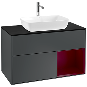 Villeroy und Boch Finion Waschtischunterschrank F782HBHG 100cm, Abdeckplatte black matt, Regale Peony matt lacquer, Midnight Blue Matt Lacquer
