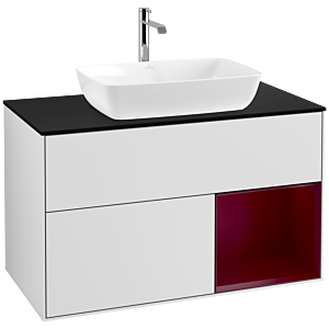 Villeroy und Boch Finion Waschtischunterschrank F782HBMT 100cm, Abdeckplatte black matt, Regale Peony matt lacquer, White matt lacquer