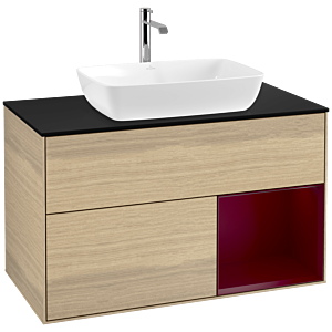 Villeroy und Boch Finion Waschtischunterschrank F782HBPC 100cm, Abdeckplatte black matt, Regale Peony matt lacquer, Oak Veneer