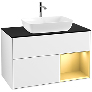 Villeroy und Boch Finion Waschtischunterschrank F782HFGF 100cm, Abdeckplatte black matt, Regale Gold matt lacquer, Glossy white lacquer
