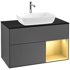 Villeroy und Boch Finion Waschtischunterschrank F782HFGK 100cm, Abdeckplatte black matt, Regale Gold matt lacquer, Anthracite matt