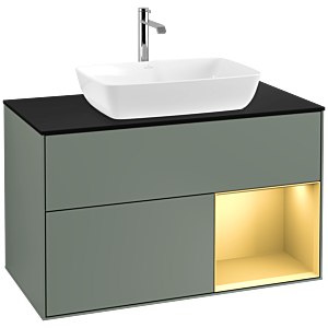 Villeroy und Boch Finion Waschtischunterschrank F782HFGM 100cm, Abdeckplatte black matt, Regale Gold matt lacquer, Olive Matt Lacquer