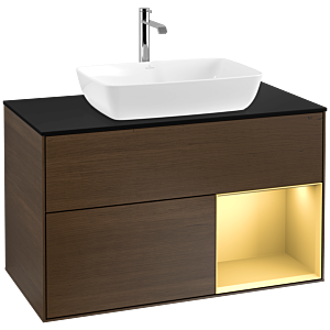 Villeroy und Boch Finion Waschtischunterschrank F782HFGN 100cm, Abdeckplatte black matt, Regale Gold matt lacquer, Walnut veneer