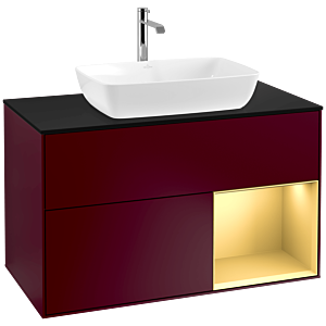 Villeroy und Boch Finion Waschtischunterschrank F782HFHB 100cm, Abdeckplatte black matt, Regale Gold matt lacquer, Peony Matt