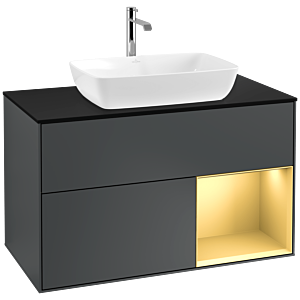 Villeroy und Boch Finion Waschtischunterschrank F782HFHG 100cm, Abdeckplatte black matt, Regale Gold matt lacquer, Midnight Blue Matt Lacquer