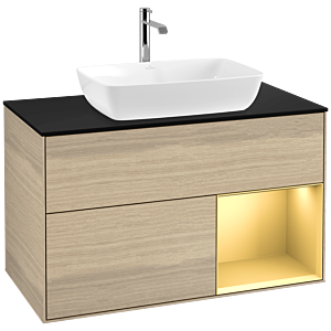 Villeroy et Boch Finion Villeroy et Boch F782HFPC 100cm, plaque de recouvrement noir mat, étagères laqué mat or, Oak Veneer