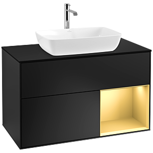 Villeroy und Boch Finion Waschtischunterschrank F782HFPD 100cm, Abdeckplatte black matt, Regale Gold matt lacquer, Black matt lacquer
