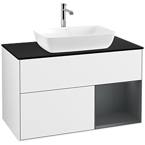 Villeroy und Boch Finion Waschtischunterschrank F782HGGF 100cm, Abdeckplatte black matt, Regale Midnight matt lacquer, Glossy white lacquer