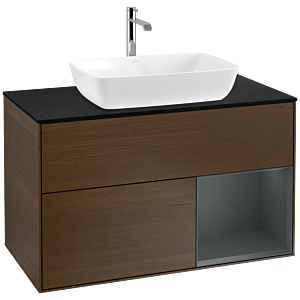 Villeroy und Boch Finion Waschtischunterschrank F782HGGN 100cm, Abdeckplatte black matt, Regale Midnight matt lacquer, Walnut veneer