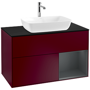 Villeroy und Boch Finion Waschtischunterschrank F782HGHB 100cm, Abdeckplatte black matt, Regale Midnight matt lacquer, Peony Matt