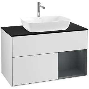 Villeroy et Boch Finion Villeroy et Boch F782HGMT 100cm, plaque de recouvrement noir mat, étagères laqué mat Midnight, laqué blanc mat