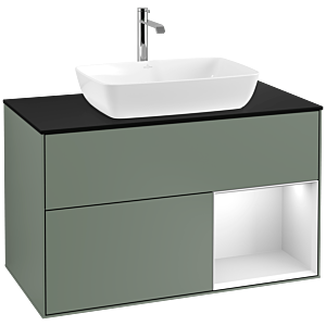Villeroy und Boch Finion Waschtischunterschrank F782MTGM 100cm, Abdeckplatte black matt, Regale White matt lacquer, Olive Matt Lacquer