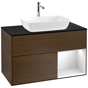 Villeroy und Boch Finion Waschtischunterschrank F782MTGN 100cm, Abdeckplatte black matt, Regale White matt lacquer, Walnut veneer
