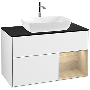 Villeroy und Boch Finion Waschtischunterschrank F782PCGF 100cm, Abdeckplatte black matt, Regale Oak Veneer, Glossy white lacquer
