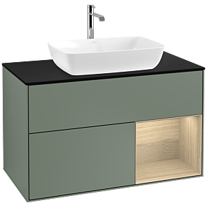 Villeroy und Boch Finion Waschtischunterschrank F782PCGM 100cm, Abdeckplatte black matt, Regale Oak Veneer, Olive Matt Lacquer