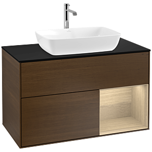 Villeroy und Boch Finion Waschtischunterschrank F782PCGN 100cm, Abdeckplatte black matt, Regale Oak Veneer, Walnut veneer