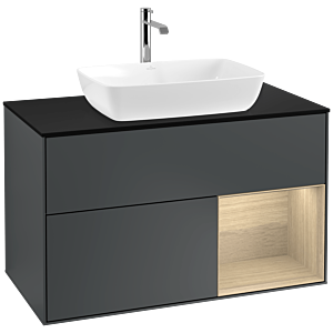 Villeroy und Boch Finion Waschtischunterschrank F782PCHG 100cm, Abdeckplatte black matt, Regale Oak Veneer, Midnight Blue Matt Lacquer