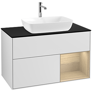 Villeroy und Boch Finion Waschtischunterschrank F782PCMT 100cm, Abdeckplatte black matt, Regale Oak Veneer, White matt lacquer