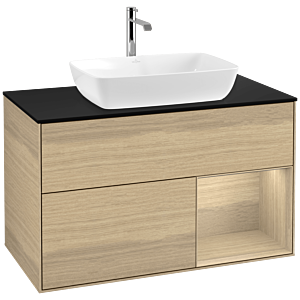 Villeroy und Boch Finion Waschtischunterschrank F782PCPC 100cm, Abdeckplatte black matt, Regale Oak Veneer, Oak Veneer
