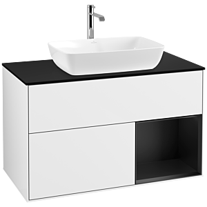 Villeroy et Boch Finion Villeroy et Boch F782PDGF 100cm, plaque de recouvrement noir mat, étagères laqué noir mat, laqué blanc brillant