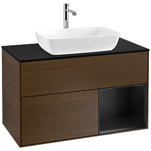 Villeroy und Boch Finion Waschtischunterschrank F782PDGN 100cm, Abdeckplatte black matt, Regale Black matt lacquer, Walnut veneer