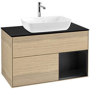 Villeroy und Boch Finion Waschtischunterschrank F782PDPC 100cm, Abdeckplatte black matt, Regale Black matt lacquer, Oak Veneer